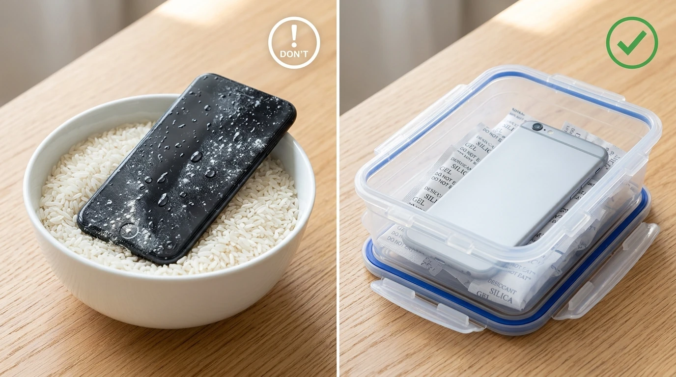 Visual comparison showing how uncooked rice deposits starch into wet speaker ports while silica gel desiccants safely absorb humidity